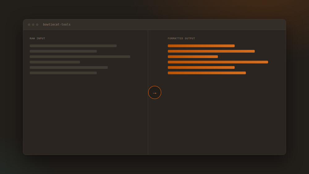 Illustration of a raw-input pane transforming into a formatted-output pane