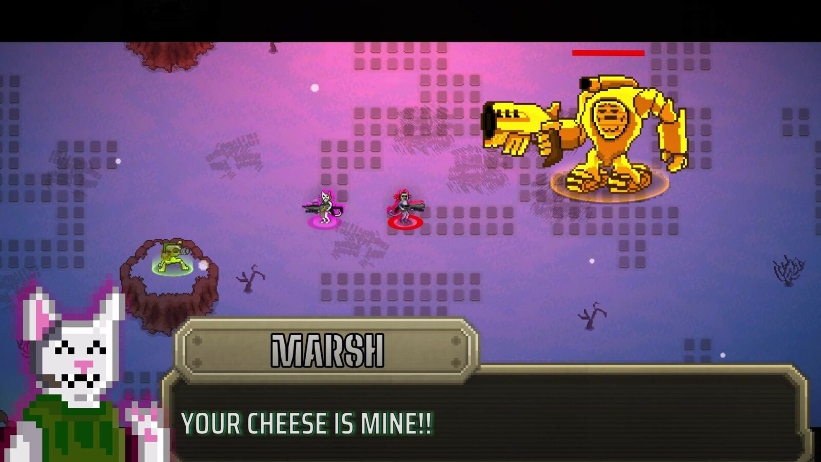 Kittens with Cannons gameplay screenshot: a boss encounter with an on-screen dialogue box