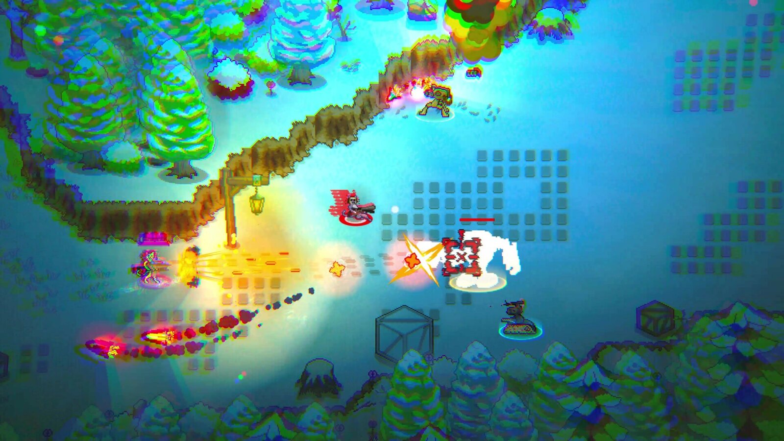Kittens with Cannons gameplay screenshot: chaotic mid-fight combat with explosions and visual effects
