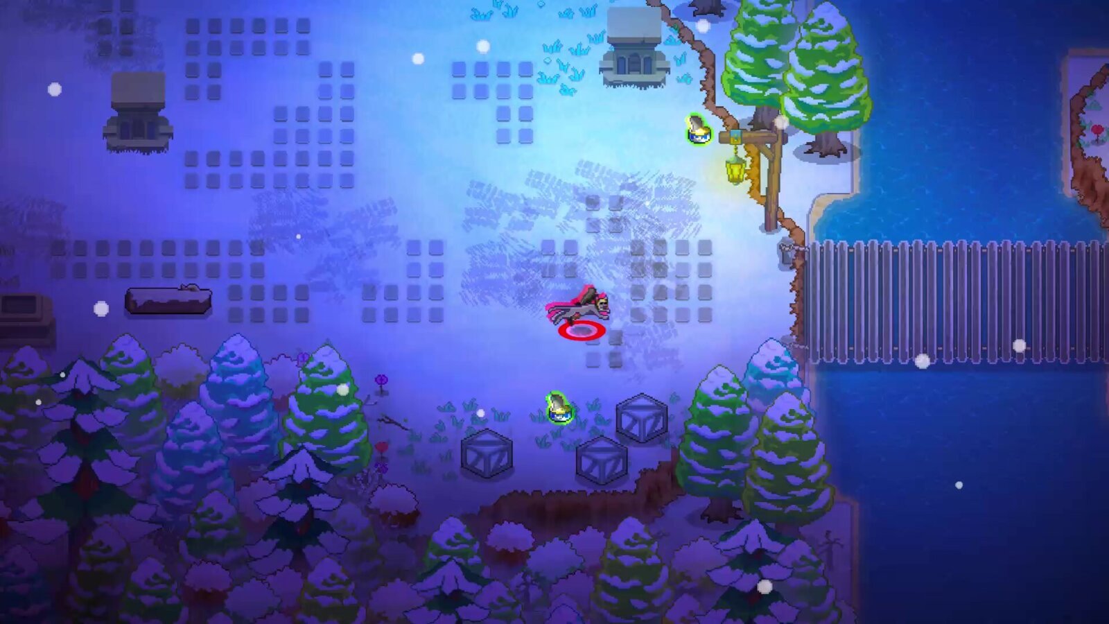 Kittens with Cannons gameplay screenshot: a squad of cats exploring a snowy overworld area with NPCs nearby