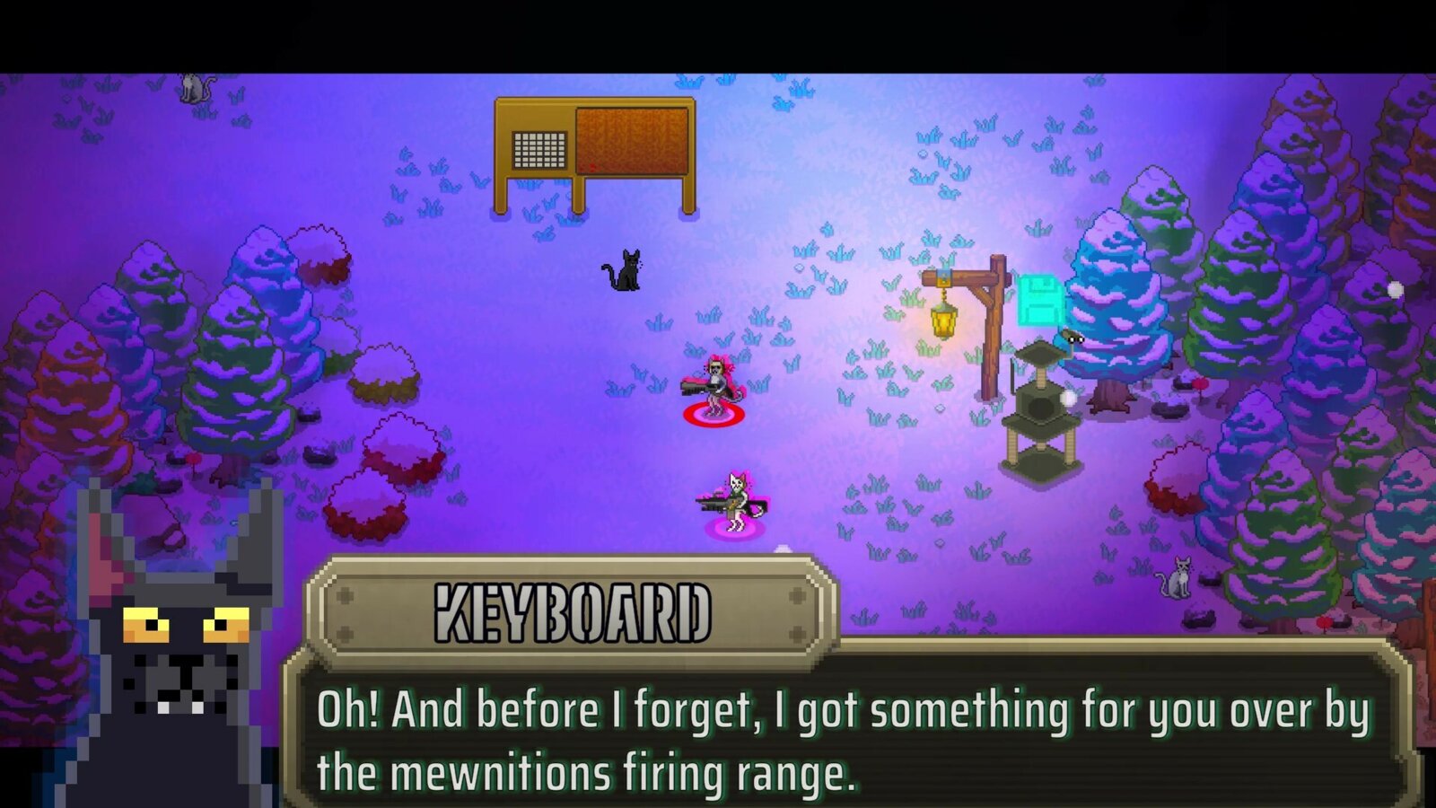 Kittens with Cannons gameplay screenshot: an NPC named Keyboard giving a quest hint near a cat tree