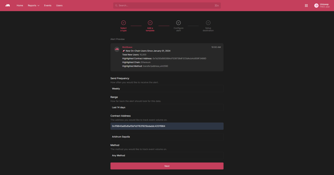 Multibase alert configuration screen for tracking contract activity