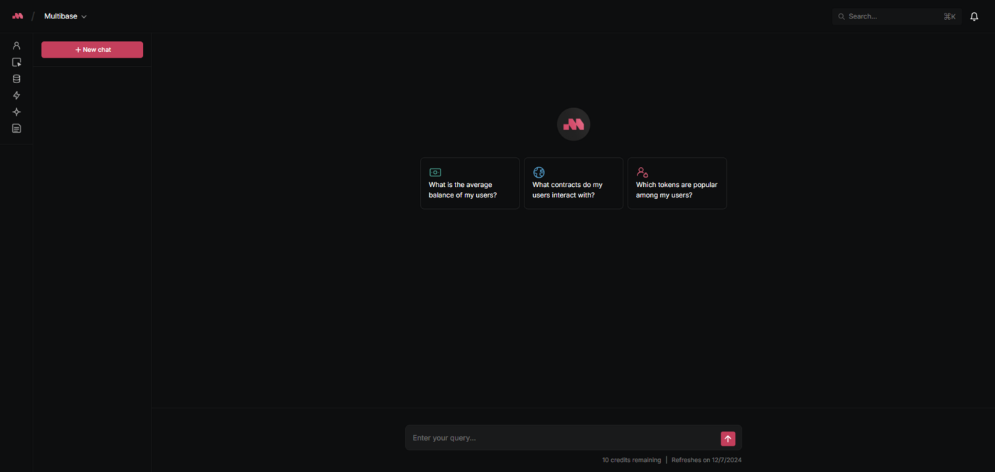 Multibase AI chat home screen with suggested starter queries