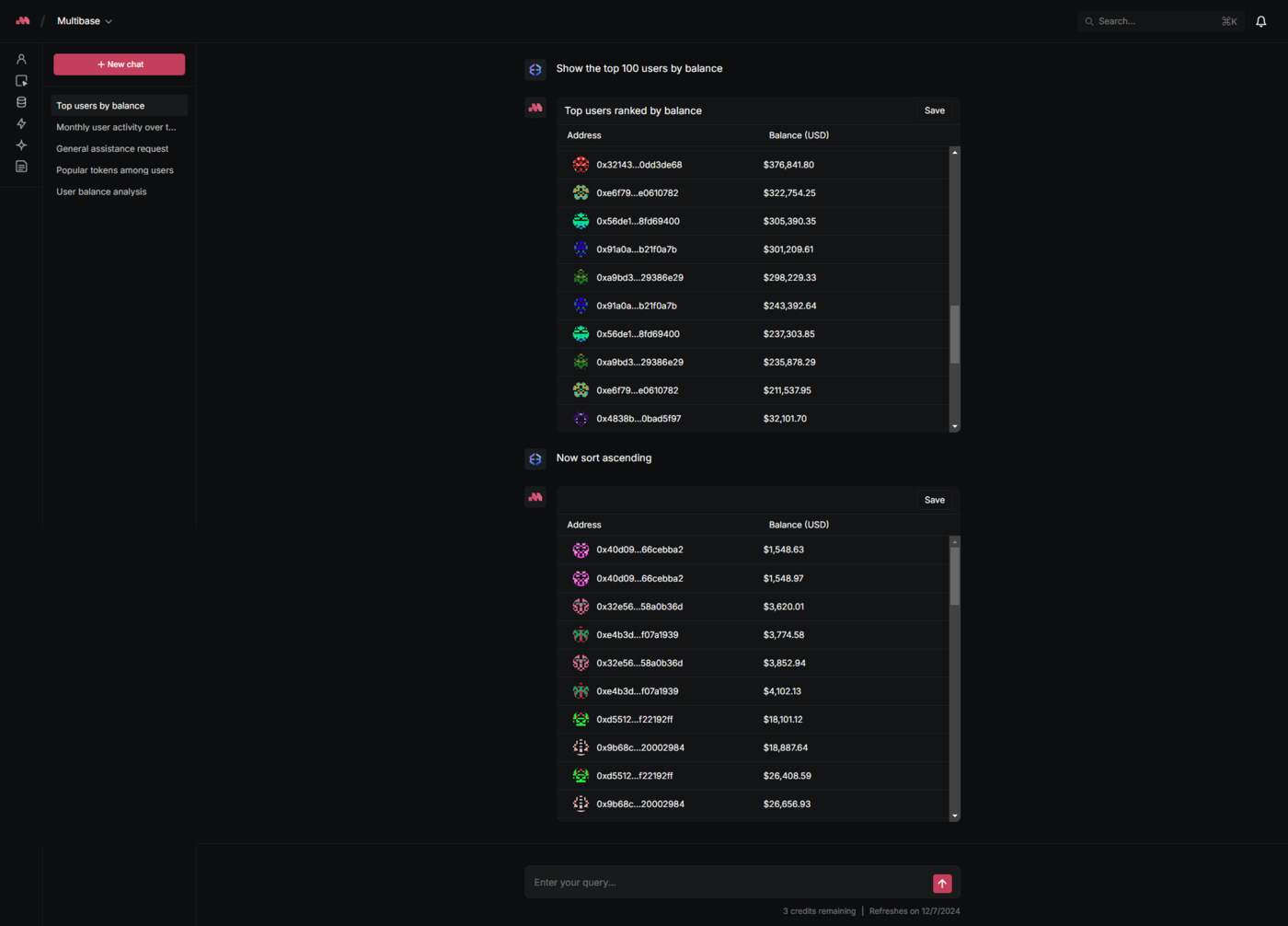 Multibase AI chat assistant answering 'Show the top 100 users by balance' with a live, sortable results table