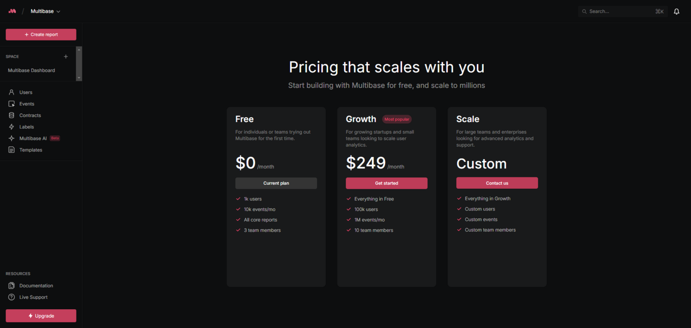 Multibase pricing page with Free, Growth, and Scale plans
