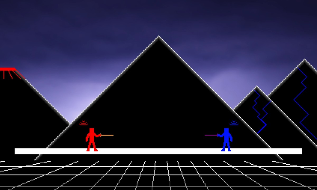 Retro Duel gameplay: red and blue fencers facing off with rapiers on a lit stage, retro pyramid backdrop