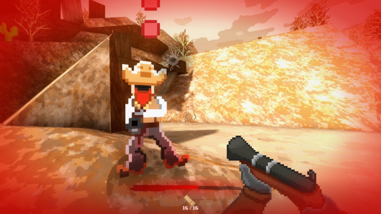Saloonery gameplay screenshot: the screen edges flashed red from taking damage while facing down an armed outlaw
