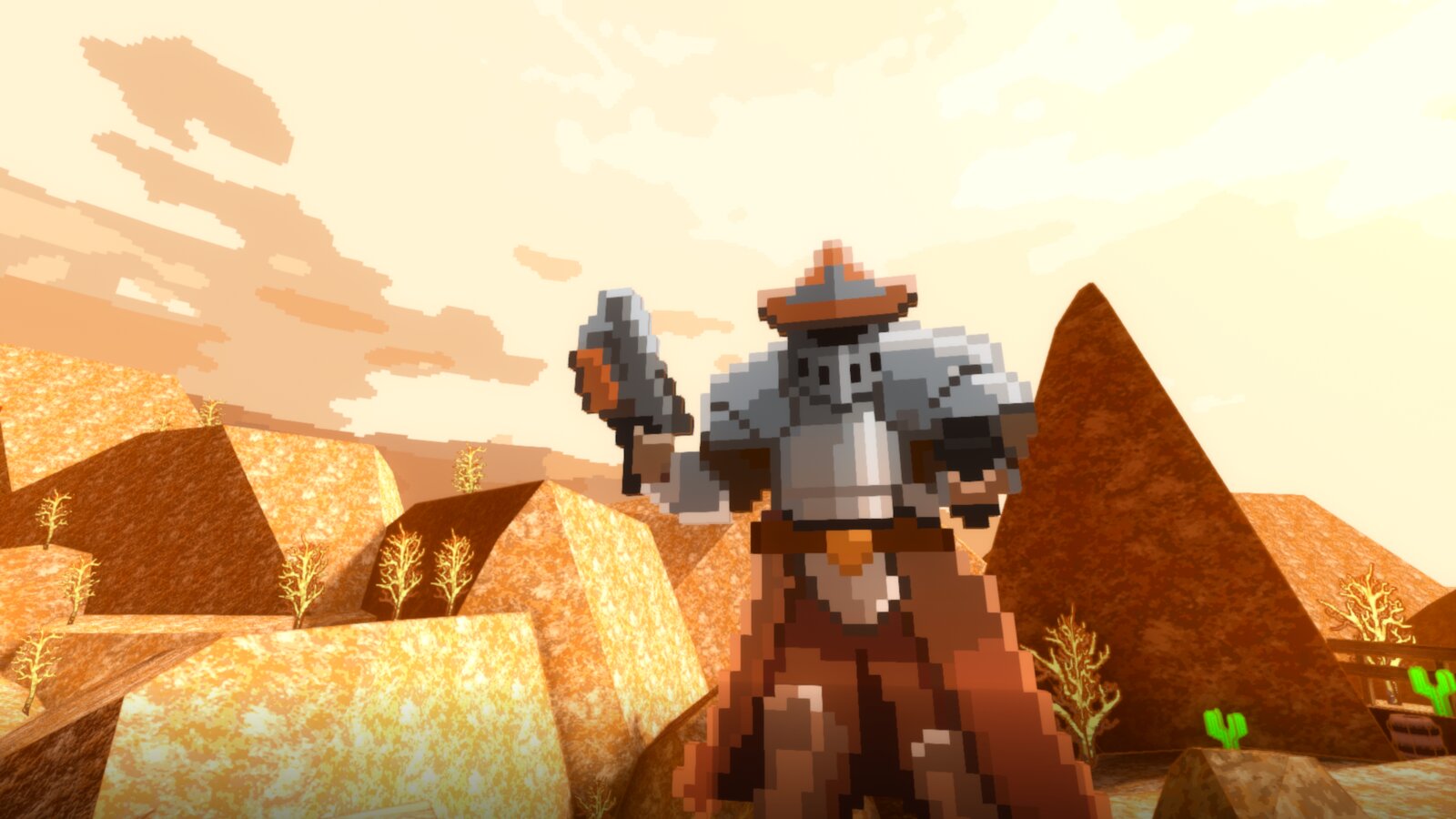 Saloonery gameplay screenshot: an outlaw with hands raised in a canyon pass, marked with an exclamation icon