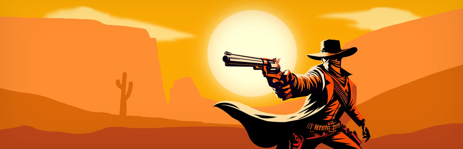 Official Saloonery key art: a masked gunslinger drawing at sunset against a desert canyon backdrop
