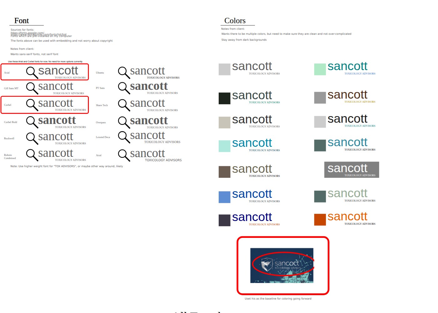 Font and color exploration board for the Sancott logo, comparing typefaces and color palettes